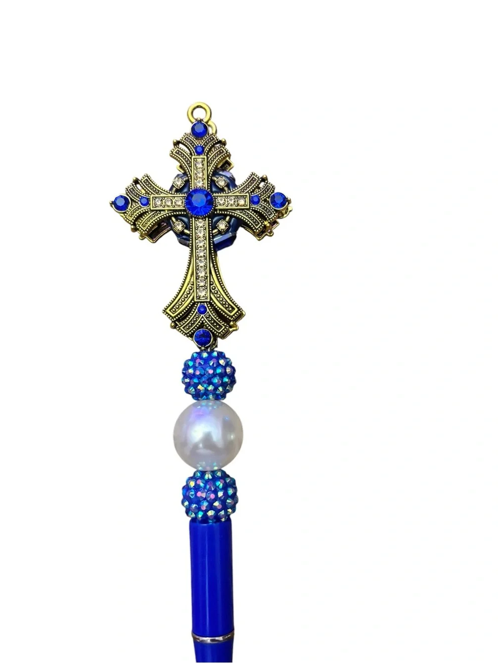 Gold Cross Pen with Blue Beads Handmade By AB INKS HANDMADE EXPRESSIONS